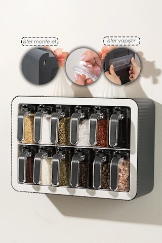 12 Li Standlı Kaşıklı Ve Kapaklı Baharatlık 12 Li Siyah