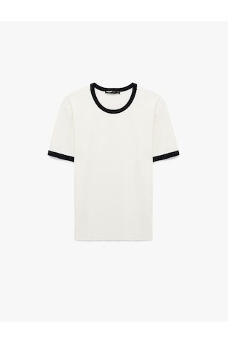 Koton Kısa Kollu Biyeli Pamuklu Tok Kumaş Bisiklet Yaka Slim Fit Tişört Ekru 6sam10278mk