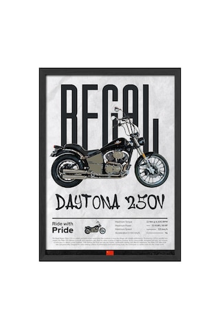 Regal Daytona 250v Siyah Ahşap Çerçeveli Poster, Dekoratif Motosiklet Duvar Tablosu Çok Renkli