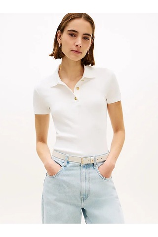 Gold Button Slım Ss Polo Kadın Beyaz T-shirt - Ww0ww49252
