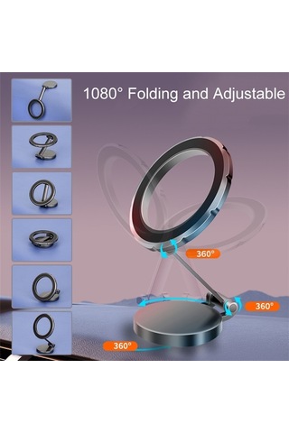 G118 1080 Derece Dönen Katlanır Manyetik Telefon Tutucu Pano Vantuz Araç Montajı Gri