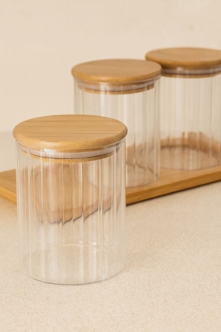 Qerhome Borosilikat Cam Bambu Stantlı Ve Bambu Kapaklı Optik Çizgili Baharatlık Seti 430 Ml Alg11520 Beyaz