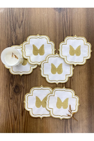 Gold Angel 6'lı Kahve Yanı Sunumluk Peçete Linen Keten Sırma Nakış İşlemeli Kokteyl Peçetesi Altın