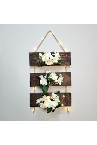 Beyaz Yasemin Çiçekli, Led Işıklı Duvar Dekoru Ceviz