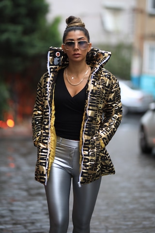 Keyifli Moda Kadın Gold Dik Yaka Uzun Parlak Şişme Mont
