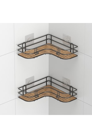 Teknotel Yapışkanlı Kancalı 2 Adet Banyo Köşe Rafı Siyah St278
