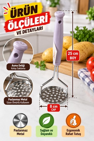 Metal Patates Ezici Püre Yapıcı Domates Sebze Ezme Aparatı Paslanmaz Çelik 25 Cm 8 Cm Mutfak Gereci