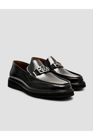 Cabani Hakiki Premimum Deri Siyah Erkek Metal Tokalı Loafer Siyah