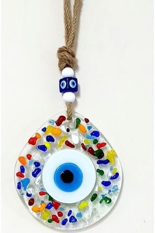 Gökkuşağı Renklerinde Nazar Boncuklu Damla Model Şeffaf Cam Duvar Süsü