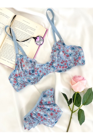 Arinda Butterfly Mavi Tül Çiçek Desenli Balenli Kapsız Fırfırlı Bralette Sütyen Tanga İç Çamaşırı Takımı Alt Üst 2 Parça