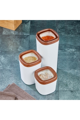 Ceronni Bonny Erzak Saklama Kabı 3lü Set Ahşap Kaplama Kapak Renkli Hazne 1,8lt - 1lt - 600ml Koyu Ahşap Ahşap