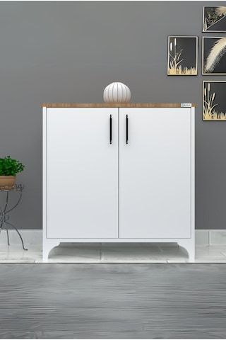 %100 Mdf 2 Kapaklı Küp Üstü Desenli Ayakkabılık Beyaz