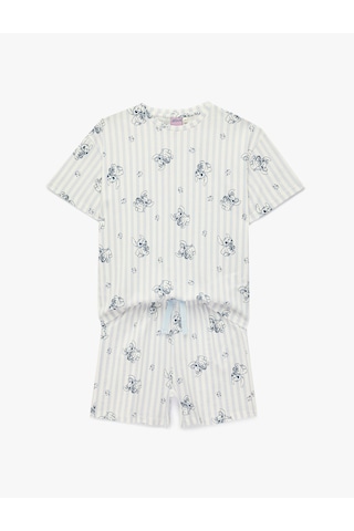 Koton Lisanslı Pamuklu Stitch Baskılı Kısa Kollu Şortlu Pijama Takımı Mavi Çizgili 6slk40209mk