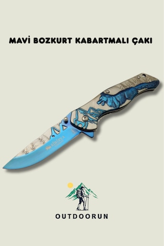 Mavi Bozkurt Kabartmalı Kamp Çakı - 20,5 Cm Mavi