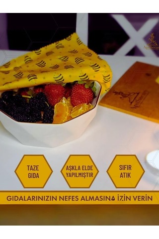 Gıda Sargısı - Arı Desenli - Balmumlu Büyük Orta Küçük Boy 3'lü Set Çok Amaçlı Gıda Saklama Bezi S-m-l