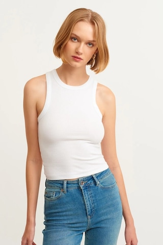 Refox Kadın Beyaz Fitilli T-shirt Halter Yaka Örme Atlet , Sporcu Atlet