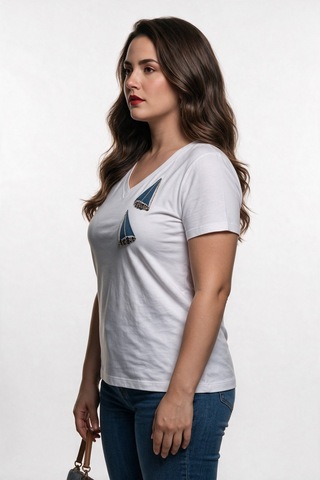 Vedi-bb Kadın Büyük Beden V Yaka Yelkenli İşlemeli Pamuk Karışımlı Kısa Kollu T-shirt Mavi