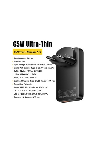 Tongxida 65w Hızlı Şarj Adaptörü, Usb A + C Çift Bağlantı, Ultra İnce Seyahat Şarj Cihazı, Siyah