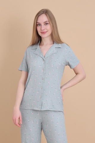 Wordex Mirano 9512 Güllü Pegasus Kumaş Düğmeli Kısa Kolu Kadın Pijama Takımı Yeşil
