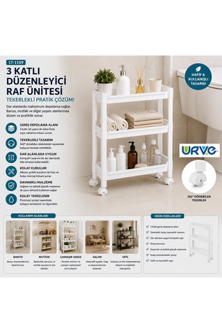 Urve Ur-3586 Rafty 3 Katlı Tekerlekli Sepet Organizer Raf Ünitesi 465x145x480 Mm Diğer