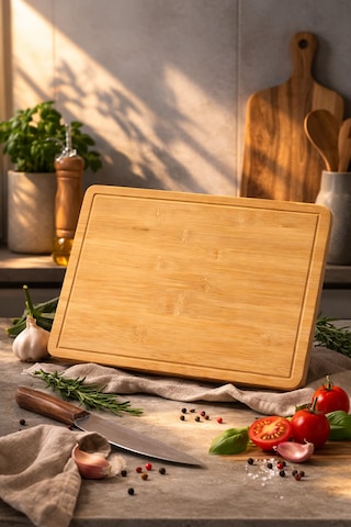 Major - Geniş Yüzeyli Doğal Bambu Kesme Tahtası Oluklu Et Sebze Doğrama Panosu Büyük Boy 50 X 38 Cm Bambu