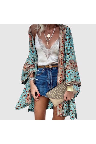 Kadın Yaz Önü Açık Hırka Bohem Tatil Bikini Cover Up Hırka Kimono Dış Giyim Sarı