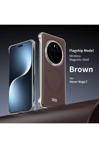 Turcoshop11 Honor Magic 7 İçin Şık Metal Korumalı Manyetik Kılıf Light Brown