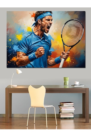 Tenis Maçında Hırslı Erkek Oyuncu Dekoratif Kanvas - Mdf Ahşap Tablo