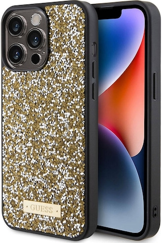 Apple Uyumlu iPhone 15 Pro Max Kılıf Guess Lisanslı Taşlı Arka Yüzey Metal Yazı Logolu Kapak Siyah