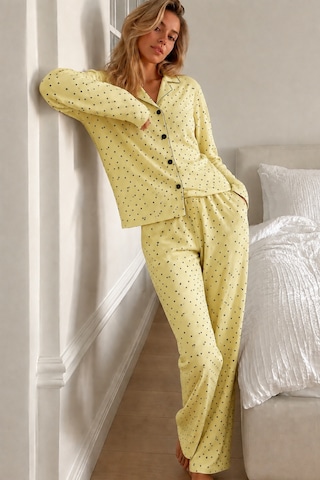 Womanandkids Gri Kadın Puantiyeli Uzun Kollu Düğmeli Pijama Takımı sarı