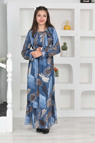 Genç Kız Pamuk Astarlı Şifon Kumaş Uzun Tam Boy Tesettür Elbise Mavi