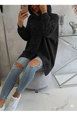 Kırçıllı Siyah Kadın Asimetrik Fermuarlı Oversize Kapüşonlu Sweatshirt Kalın Kumaş Rahat Günlük Tarz Füme