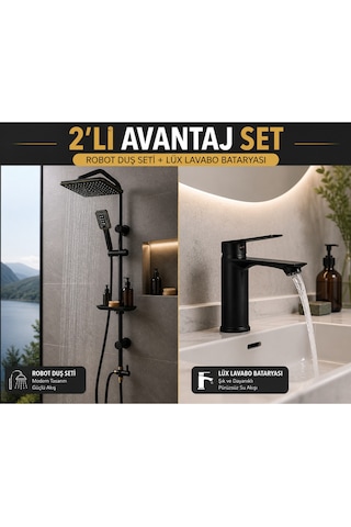 Lüx Siyah Tepe Yağmurlama Robot Duş Seti Siyah Lavabo Bataryası 2'li Avantaj Set Modern Tasarım Set