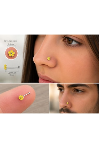 925 Ayar Gümüş Burun Hızması Turuncu Çiçek Desenli Minimal Nose Stud Kadın Erkek Unisex 8 Mm Gri