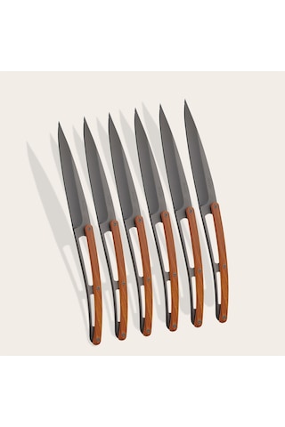 6 Deejo Steak Knives Serrated, Coral Wood