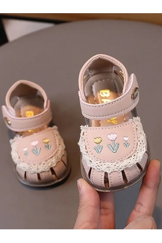 Maoyaya Pu Deri Yumuşak Taban Lale İşlemeli Bebek Yürüme Sandaleti - Bej Renk, 16-20 Beden Bej Bej