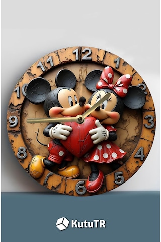 Mickey Ve Minnie Temalı Mdf Duvar Saati 33 Cm, 3d Görünümlü, 2d Hd Baskı Sdw232 Renkli