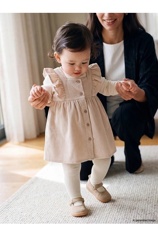 LC Waikiki Lcw Baby Bej Bisiklet Yaka Fırfırlı Kız Bebek Elbise Beıge