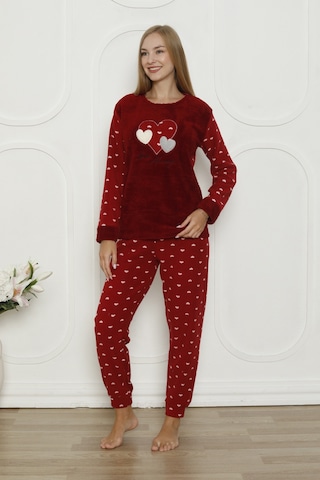 Fawn 3316 Peluş Welsoft Polar Kışlık Yumoş Kalpli Kadın Pijama Takımı Bordo