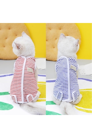 Hangfox 23 Adet Mavi Çizgili Kedi Cerrahi Sonrası Giyim - Yaralanma Korumalı, Emzirme Engellici, Veteriner Onaylı İyileşme Giysisi
