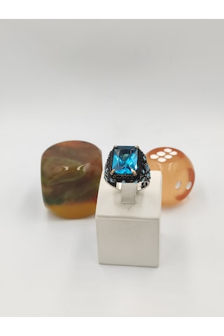 Aqumarin Yan Koları Firuze Taşlı Kare 925 Ayar 25 Mm 17,00 Gr. Erkek Yüzüğü Mavi