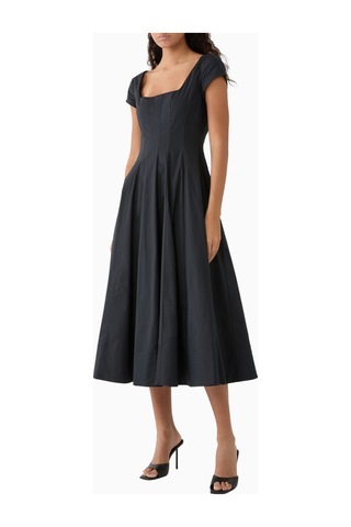 Staud Short Sleeve Wells Midi Elbise Siyah