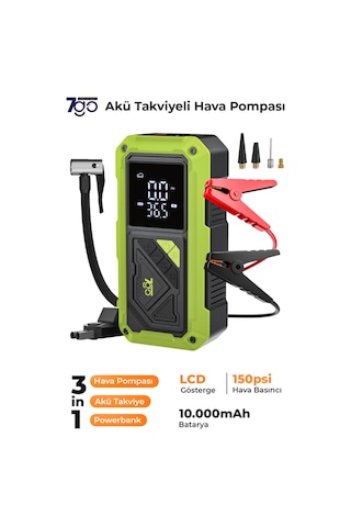 7go 7a4 Akü Takviyeli Hava Pompası & Jump Starter 10000mah Powerbank Çok Fonksiyonlu Araç Destek C