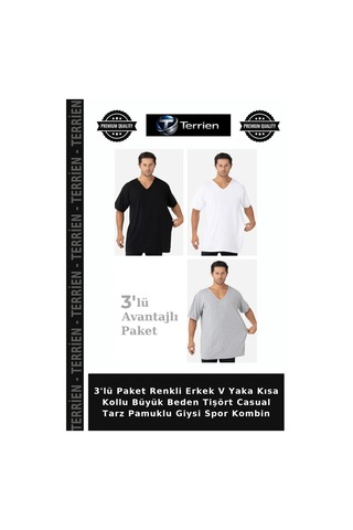 Terrien 3'lü Paket Renkli Erkek V Yaka Kısa Kollu Büyük Beden Tişört Casual Tarz Pamuklu Giysi Spor Kombin Beyaz Siyah Gri