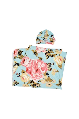 Maiyame Yeni Doğan Bebeği Sarma Battaniyesi Ve Şapka Seti - Poliester Elbise - 86x137 Cm - Mavi Büyük Çiçek Desenli 190702 Mavi