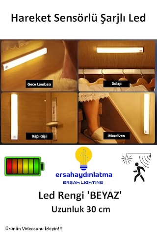 Hareket Sensörlü Şarjlı Led Lamba 30 Cm Beyaz Renk