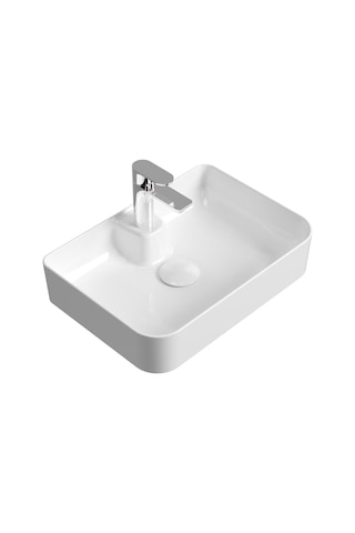 Mestola Tezgah Üstü Kare Çanak Lavabo Batarya Delikli 60 X 42 Cm Beyaz