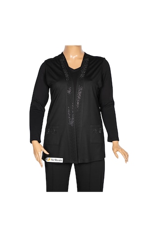 Hesna Kadın Tansu Taşlı Cepli Penye Siyah Yelek Siyah