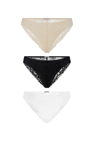 Eve Ten Siyah Beyaz 3'lü Dikişsiz İz Belli Etmeyen Dantelli Brazilian Külot Set Ten