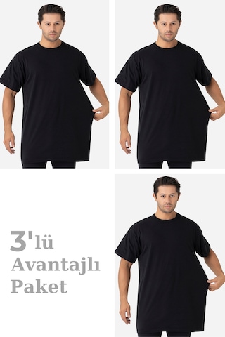 Arma Yıldız 3'lü Paket Siyah Erkek Büyük Beden Tişört Sıfır Yaka Kısa Kollu %100 Pamuk Penye Siyah Melanj